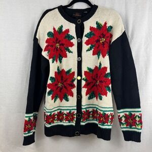 Vintage Jenny Buchanan Poinsettia Ugly‎ Christmas Cardigan Sweater Women's L